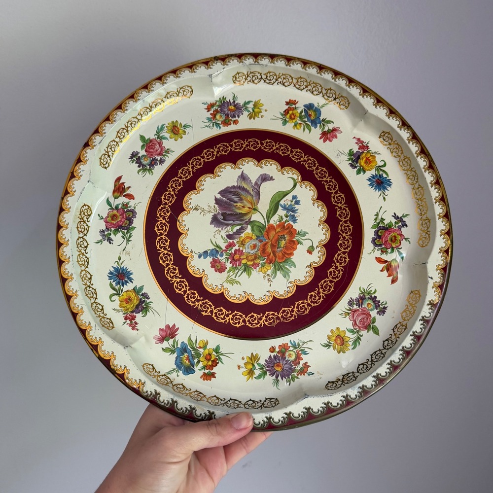 Vintage Daher Decorated Ware Round Floral Tin Tray Made in England 12.5 Inch